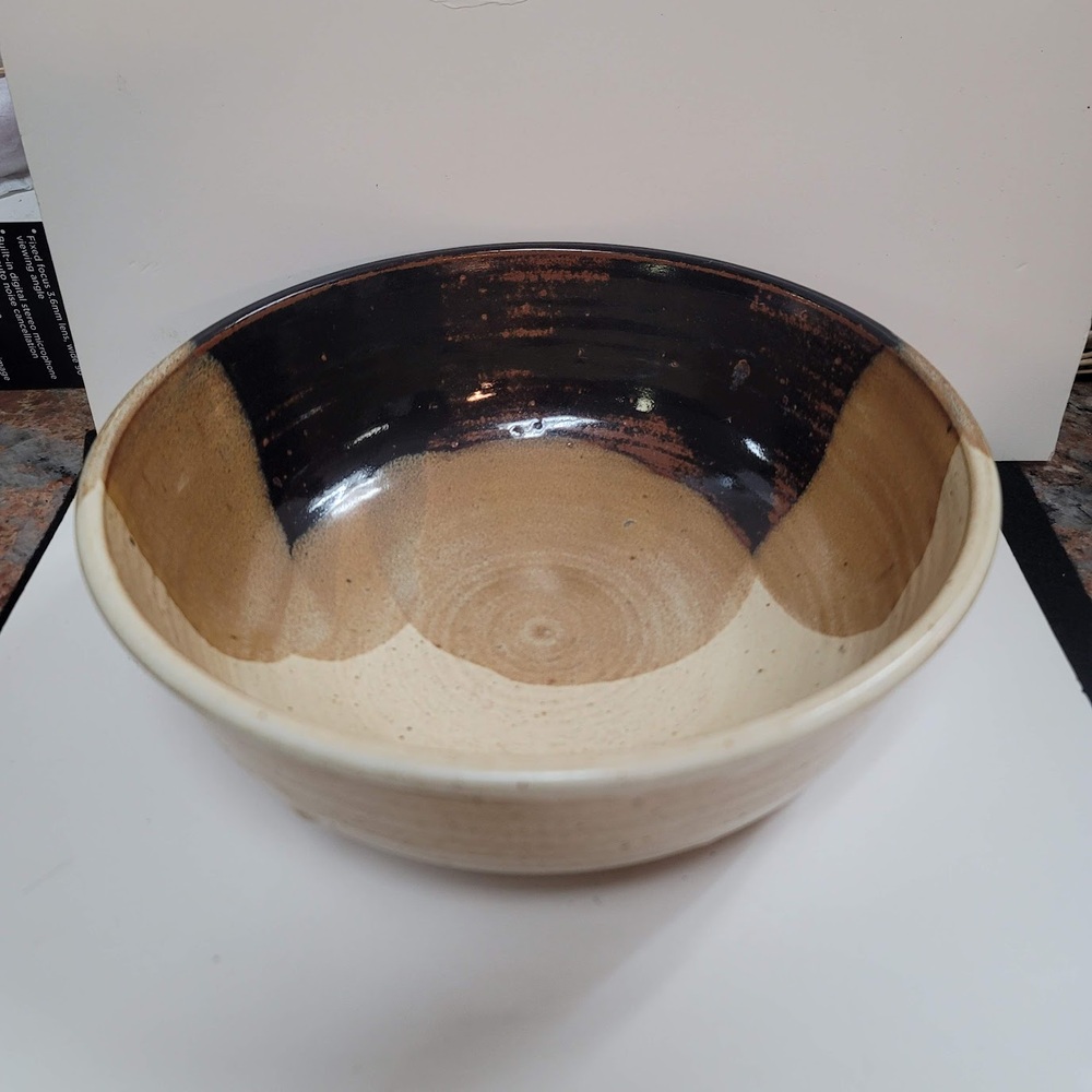 Handmade 1980s art pottery earthtone Signed Rusty 80 bowl 9" Brown Cream Tan